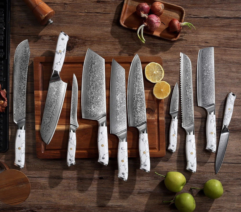 VG10 Damascus steel chef's knife with 21cm blade on a kitchen counter.