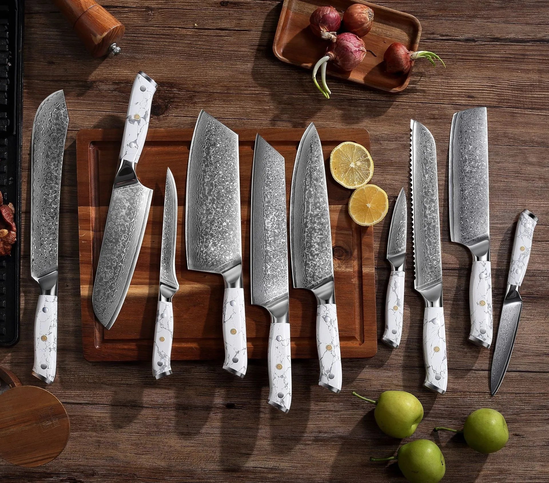 VG10 Damascus steel chef's knife with 21cm blade on a kitchen counter.