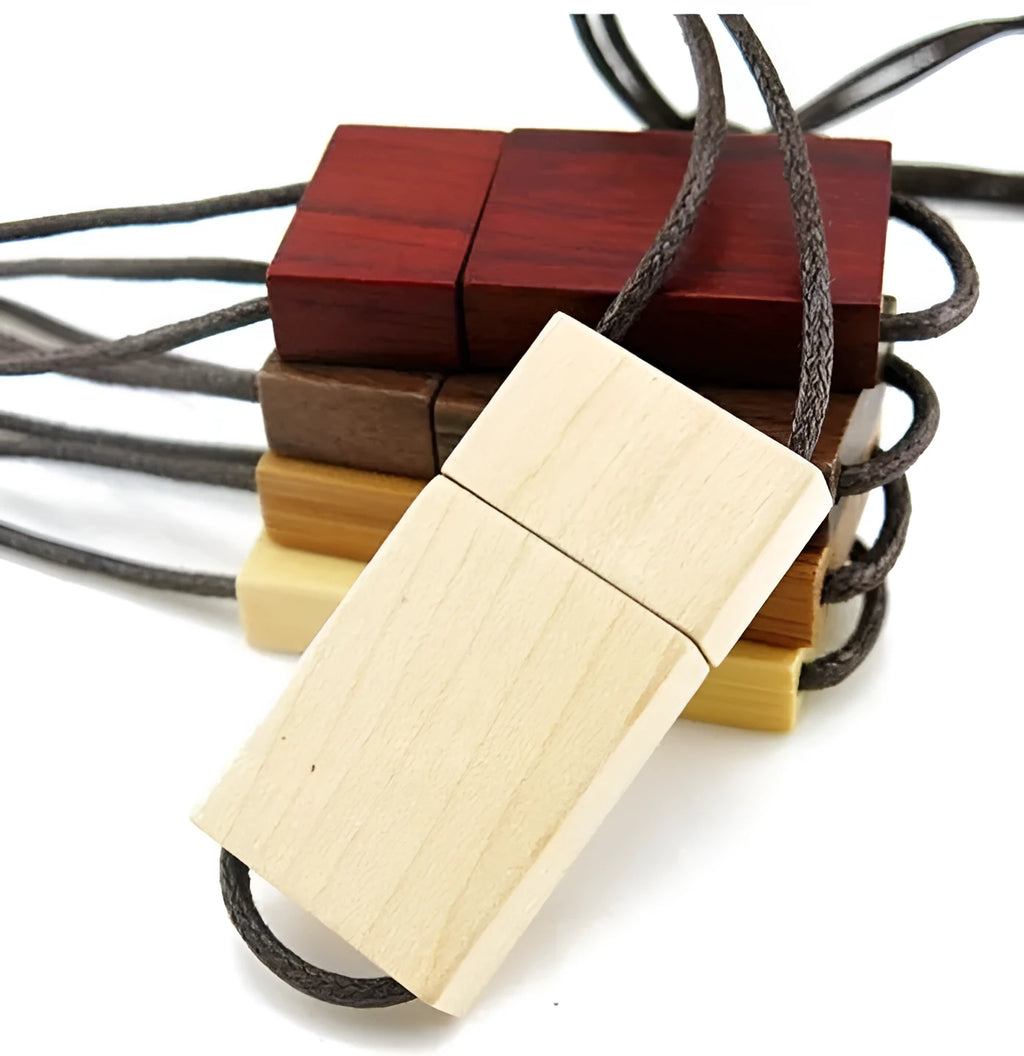 Lanyard wooden USB flash drive with solid wood shell and USB 2.0 connector in natural bamboo finish