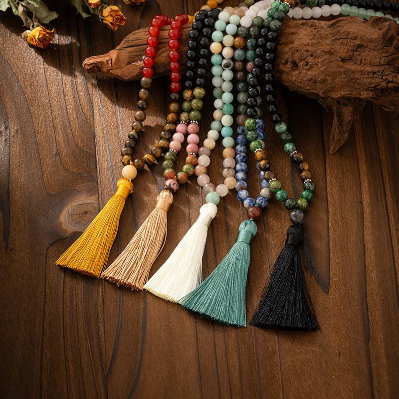 Vintage bohemian natural stone beaded long necklace and bracelet set with geometric round beads
