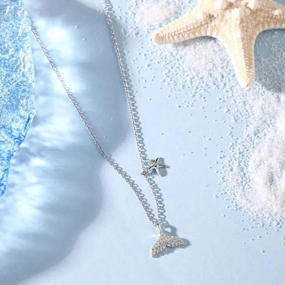S925 sterling silver mermaid tail necklace with micro inlaid zircon starfish pendant on O-ring chain