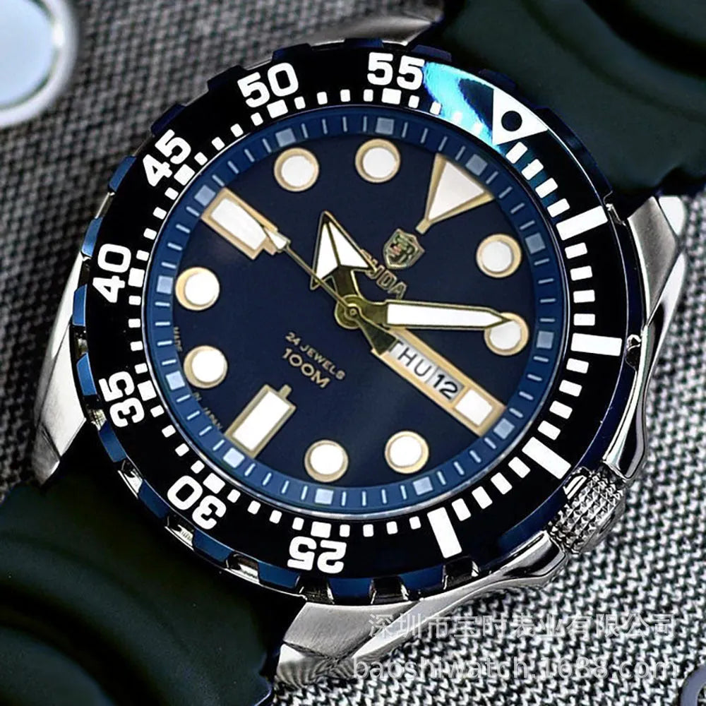 Men's waterproof luminous quartz watch with 15mm steel case and sports-style design