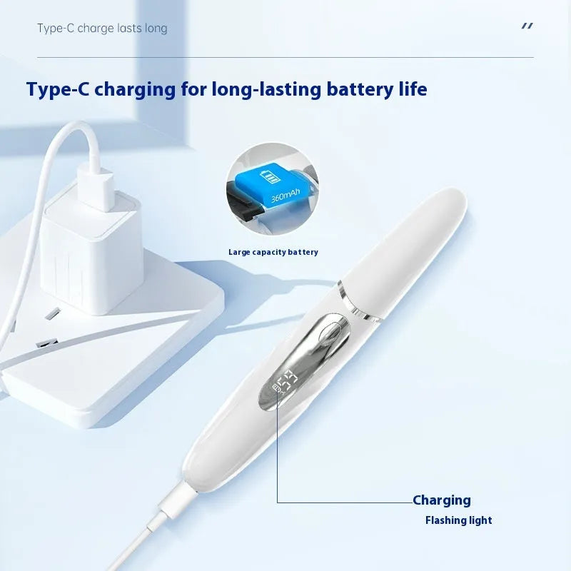 Intelligent digital display electric eyelash curler in black with tooth-comb style head, USB rechargeable