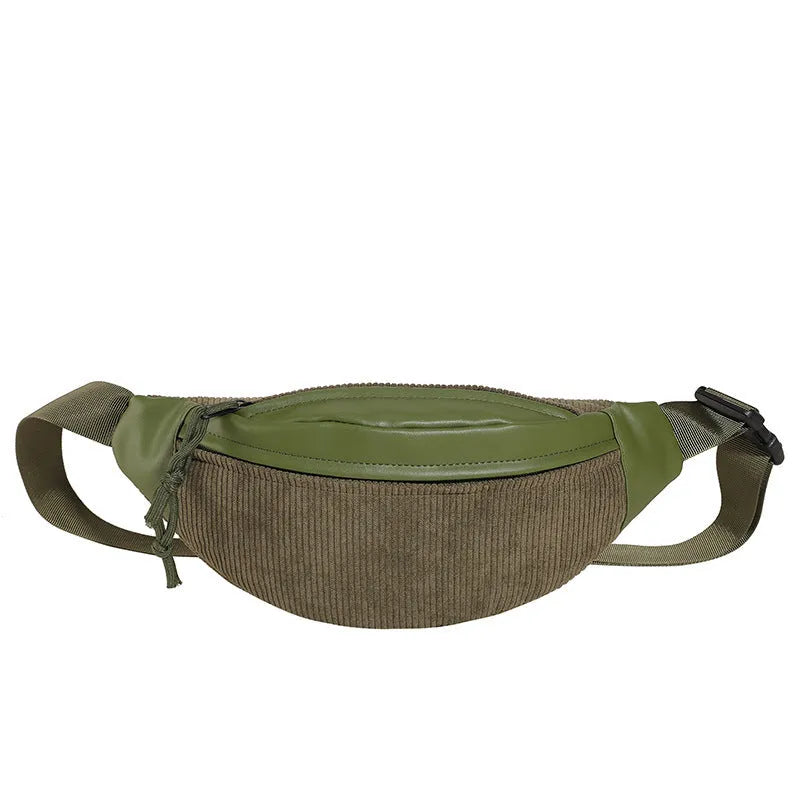 Corduroy crossbody bag in oval shape with brown colour, slit outer pocket, and crossbody strap for daily use