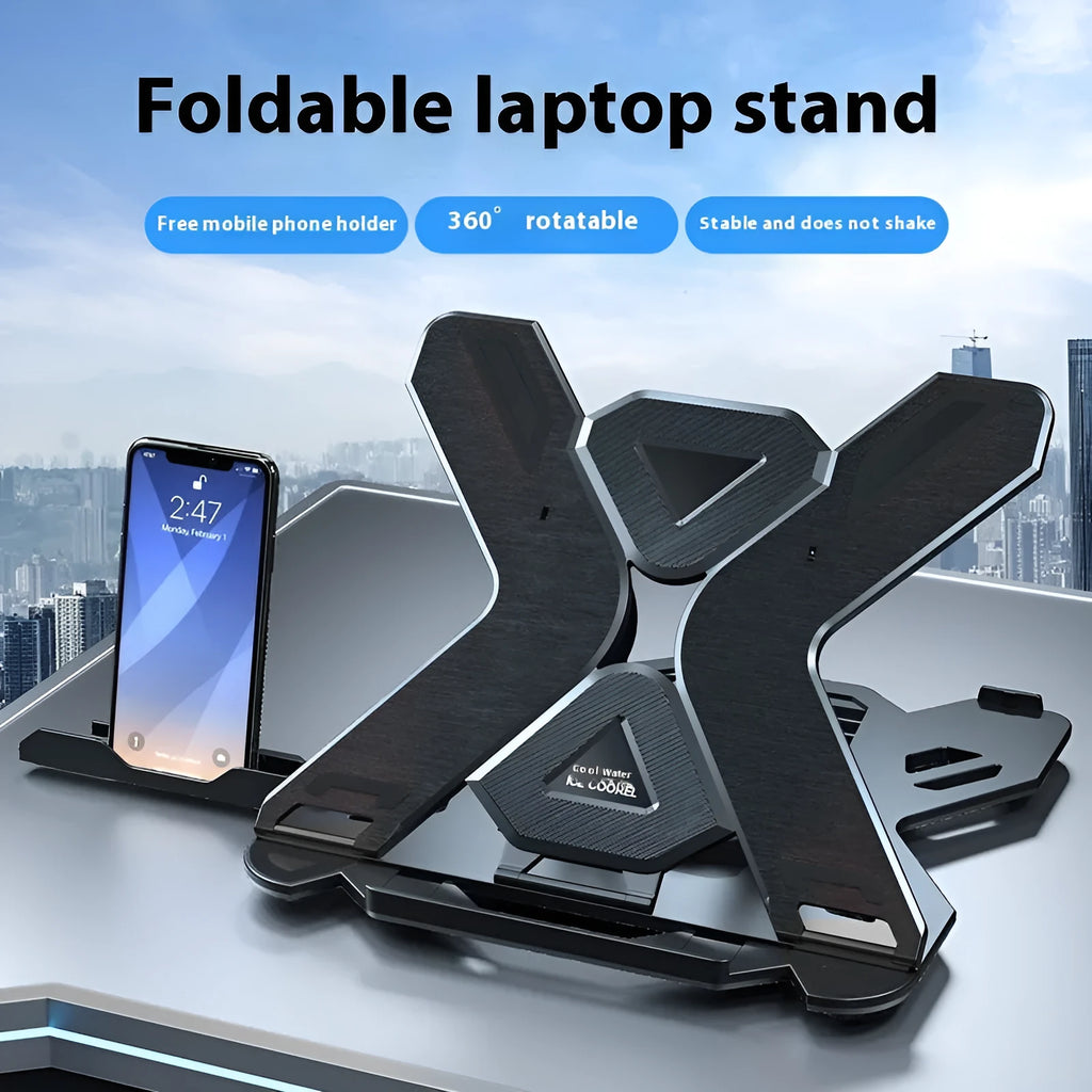 Black ABS plastic laptop stand with a built-in strap phone holder on a wooden desk