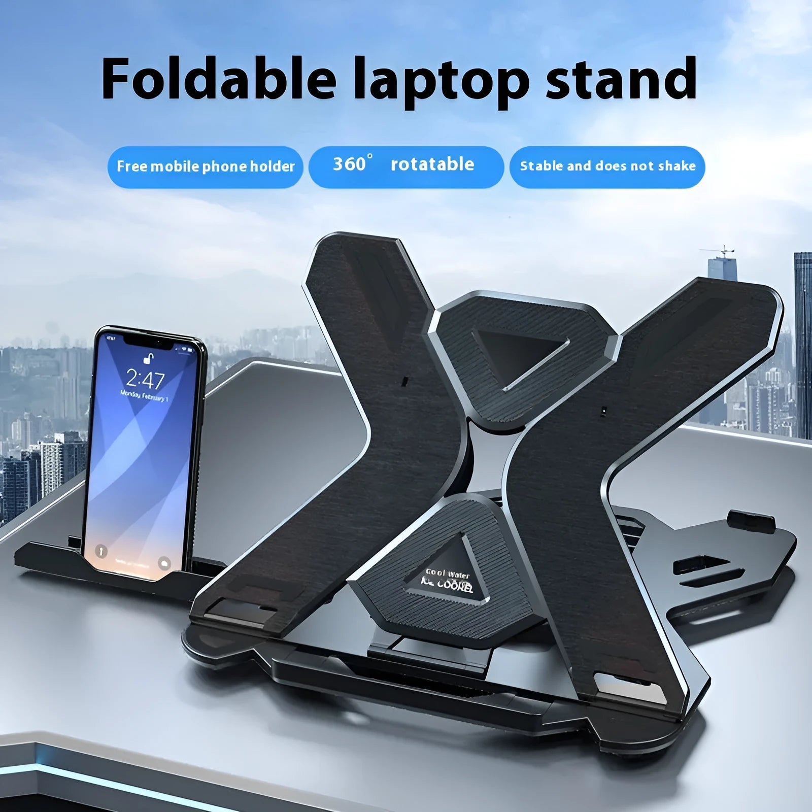 Black ABS plastic laptop stand with a built-in strap phone holder on a wooden desk