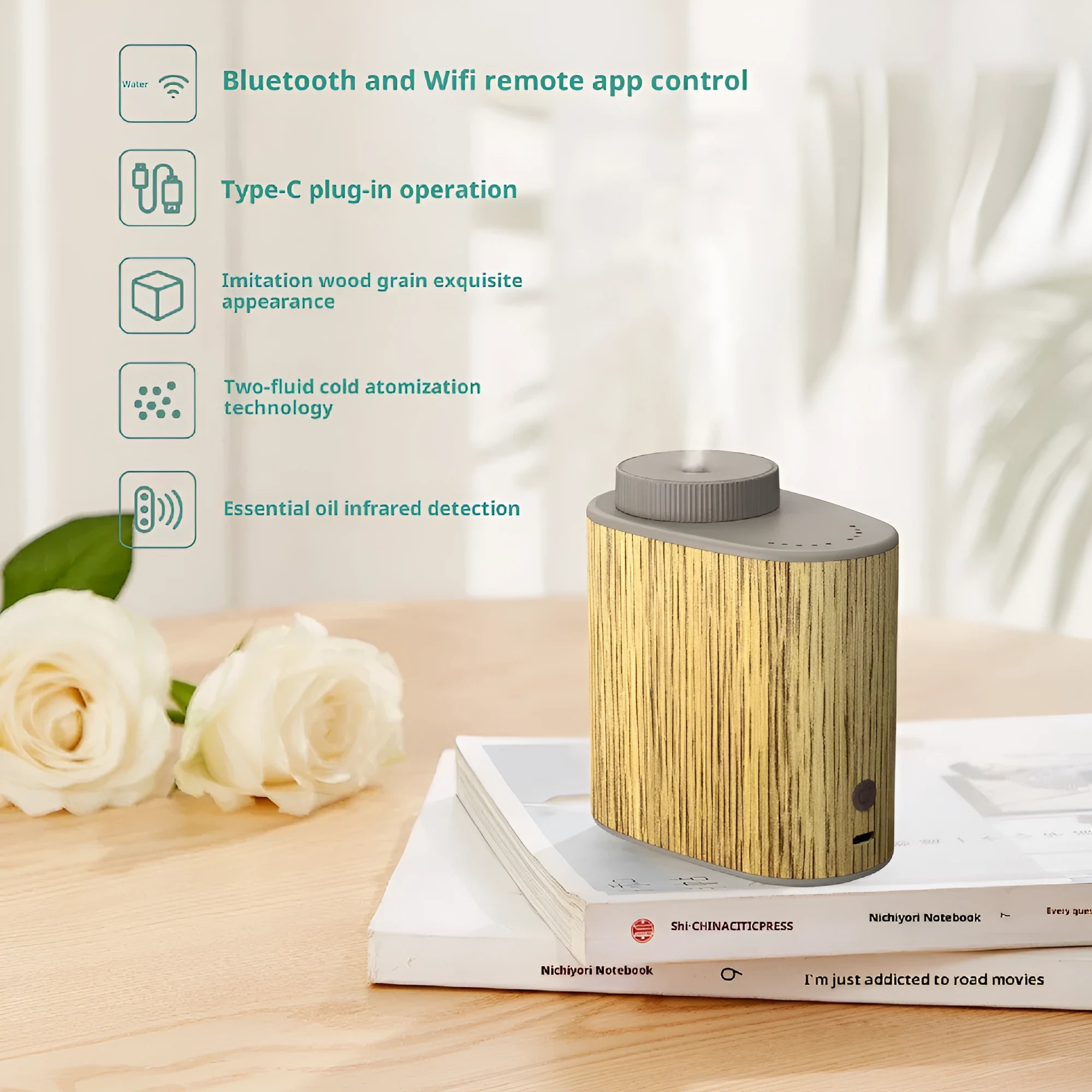 Creative nebulizing diffuser automatic aerosol dispenser with round plastic body, black wood texture finish, USB cable