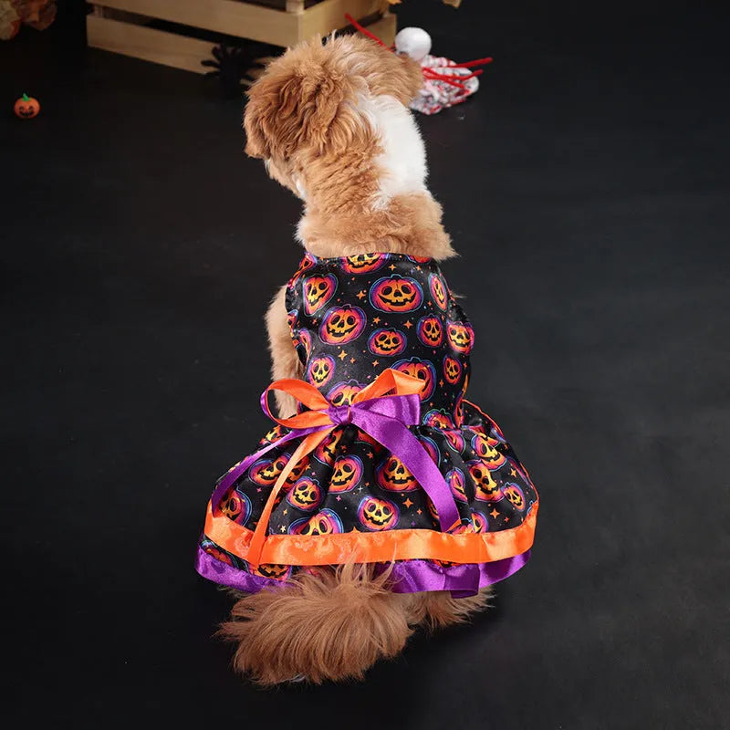 Halloween dog skirt in colourful pumpkin print with double-layer construction for pet costume