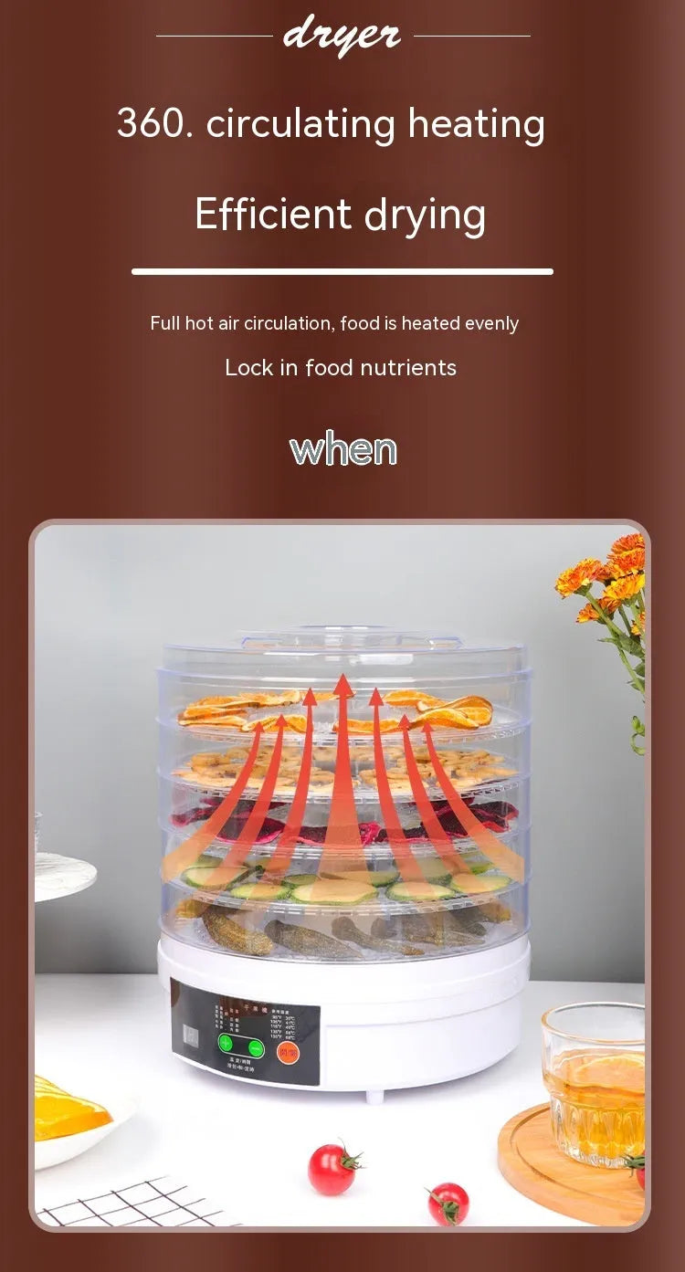 Household food dehydrator appliance with multiple stacked drying shelves on a countertop