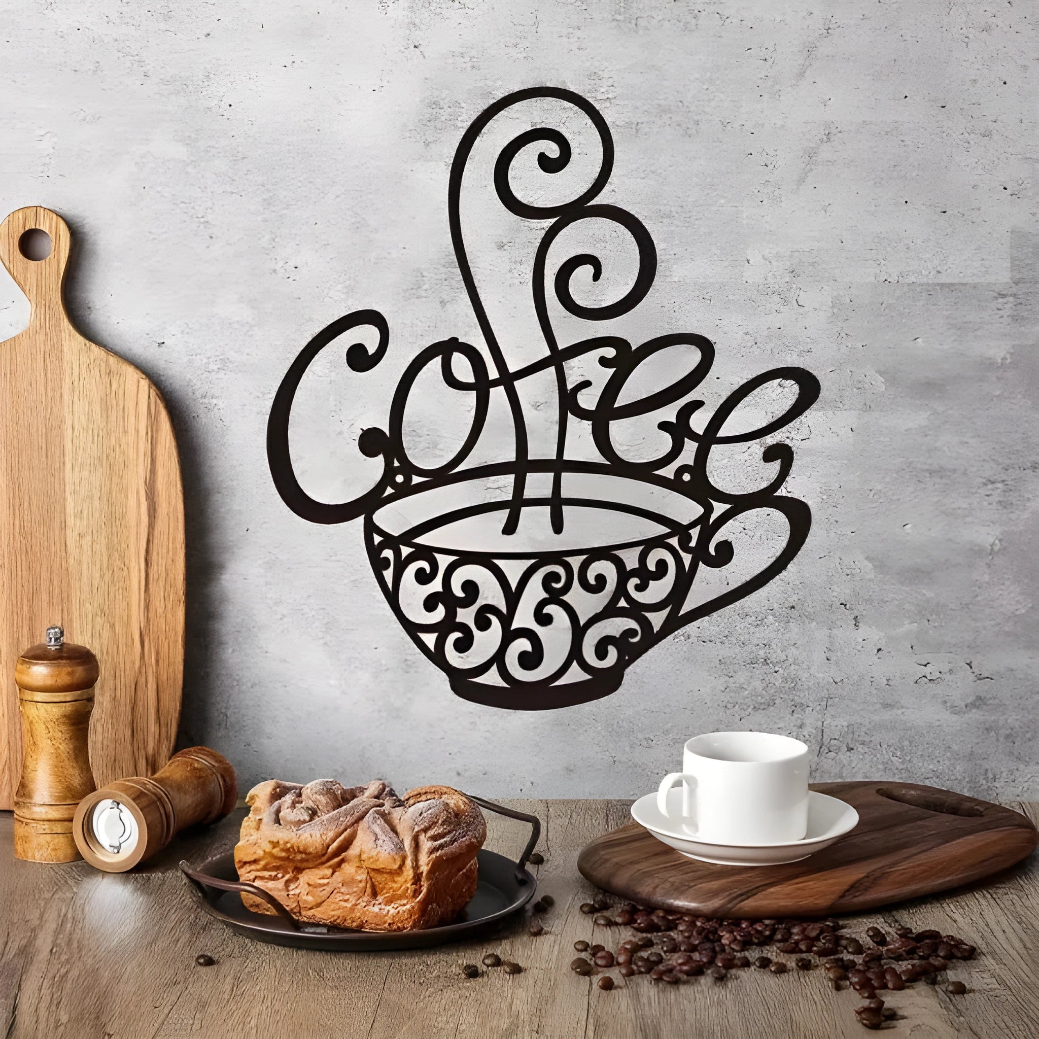 Black wrought iron English letters silhouette wall decoration, 26cm by 28cm.