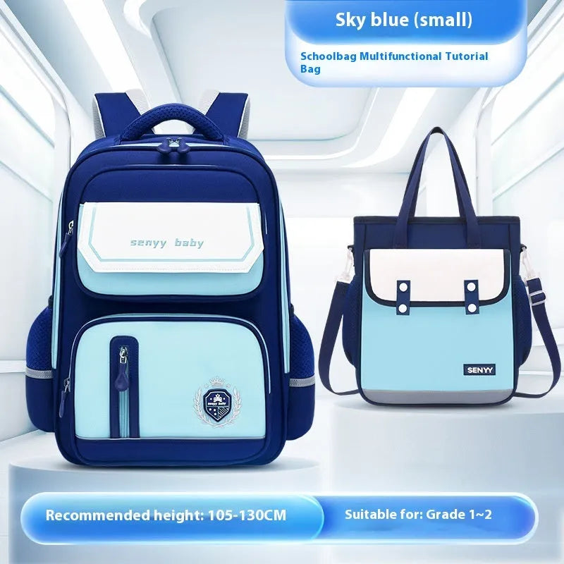 Children's spine protector backpack in blue, made of water-repellent Oxford cloth, size 38x30x15cm