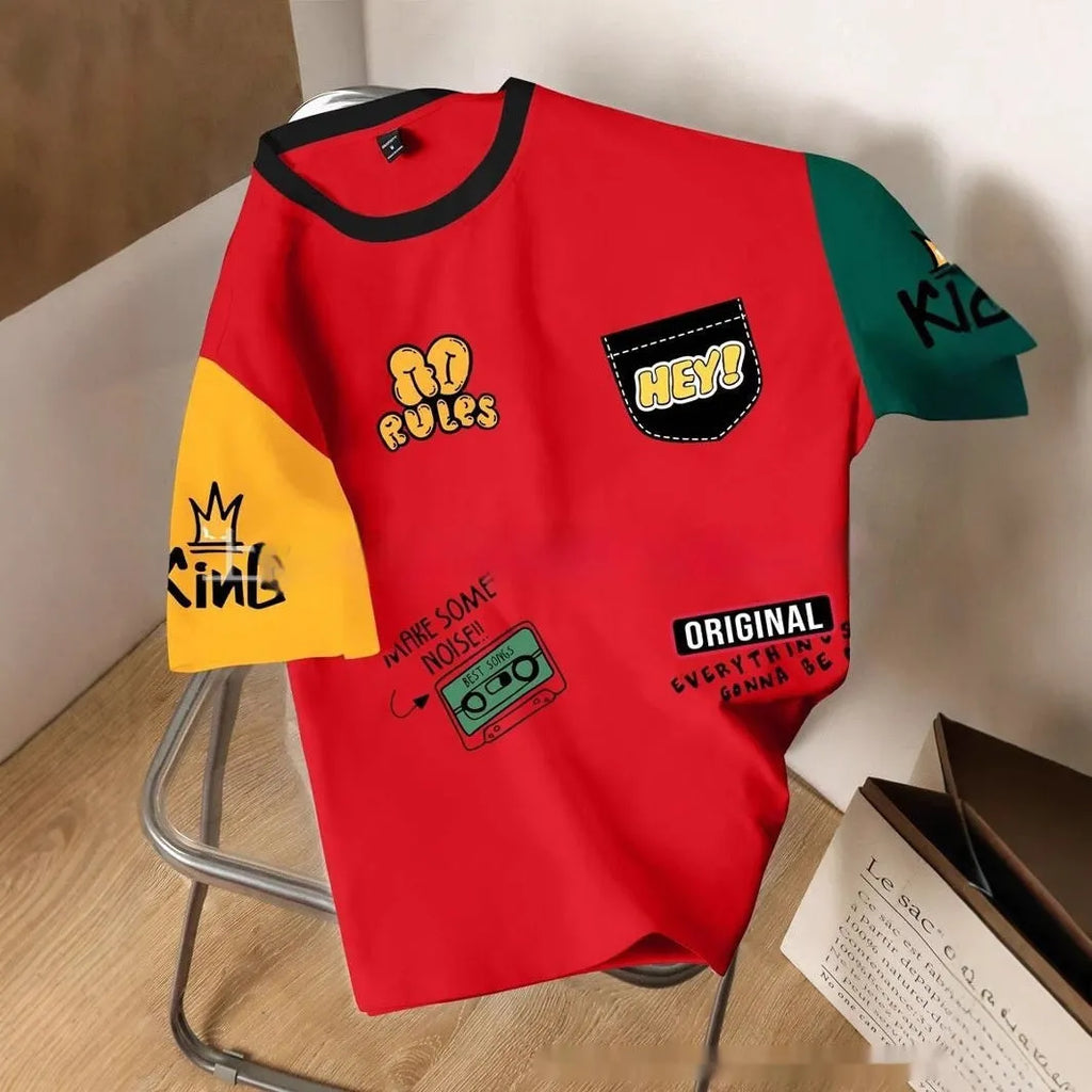 Printed loose fit T-shirt showing letter pattern design in trendy colour combination on polyester fabric.