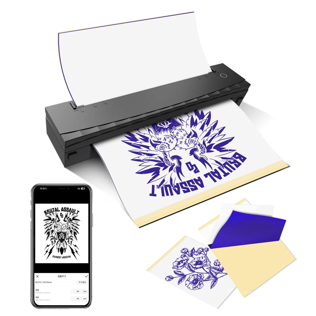 A4 Bluetooth portable mini thermal tattoo printer D80 Black with USB and Type-C ports, 210mm print width