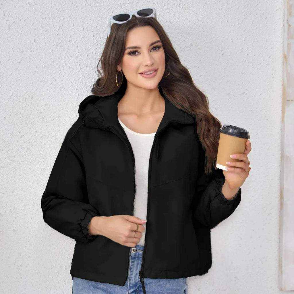 Women's hooded shell jacket loose fit polyester long sleeve solid colour black front view