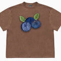 Blueberry fruit patchwork print cotton t-shirt in loose fit with short sleeves and round neck