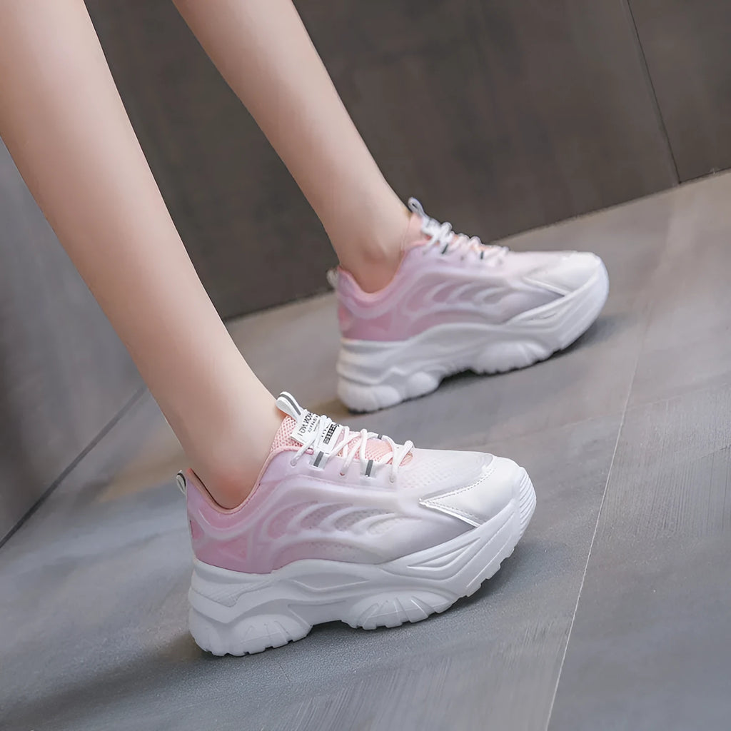 Women's all-match breathable satin sports casual shoes in pink, blue, purple with round toe and lace-up fastening
