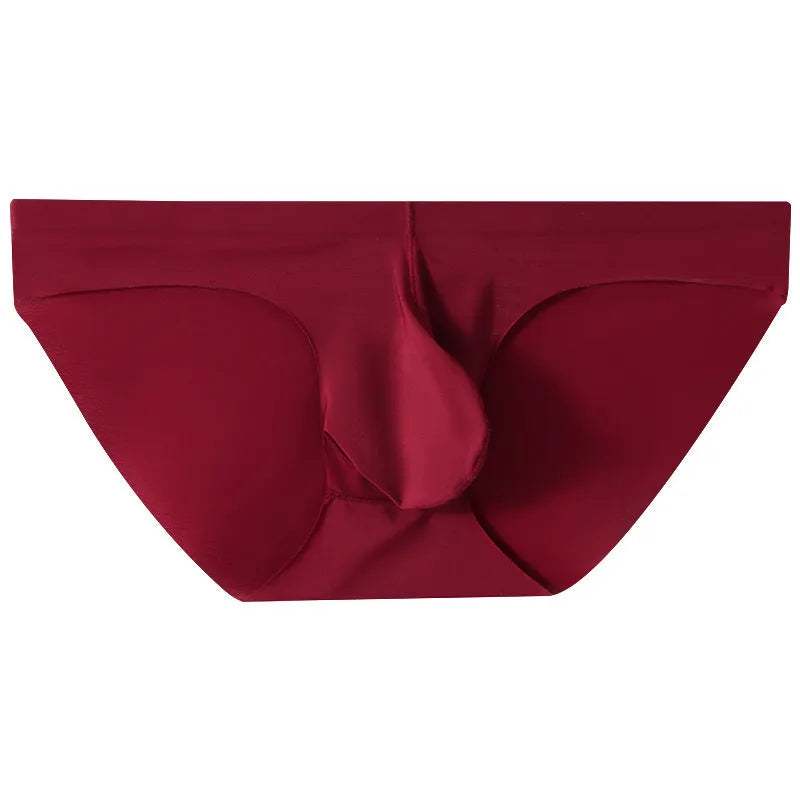 Men's black ice silk seamless briefs with a mid-rise waist and an integrated support pouch.