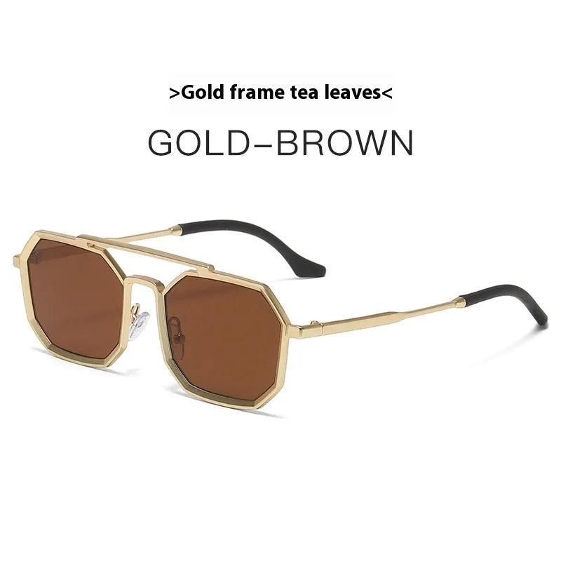 Steampunk double beam sunglasses with metal polygon frame in gold with dried flake lens
