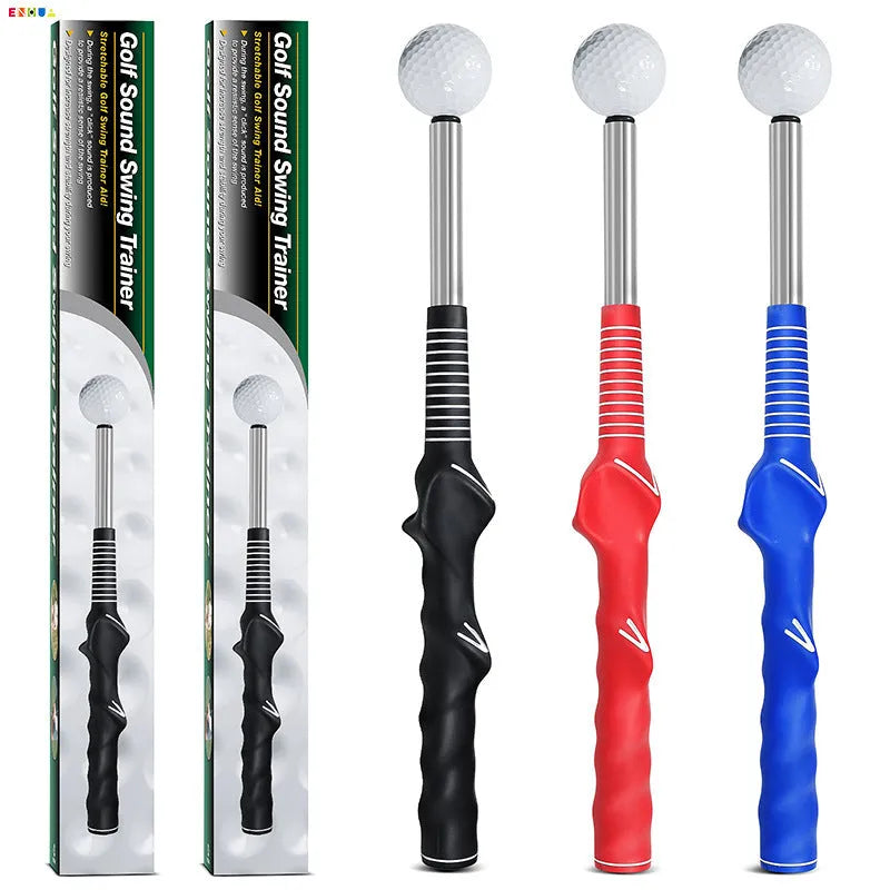 Telescopic stainless steel golf swing trainer shown in black, blue, and red colour options