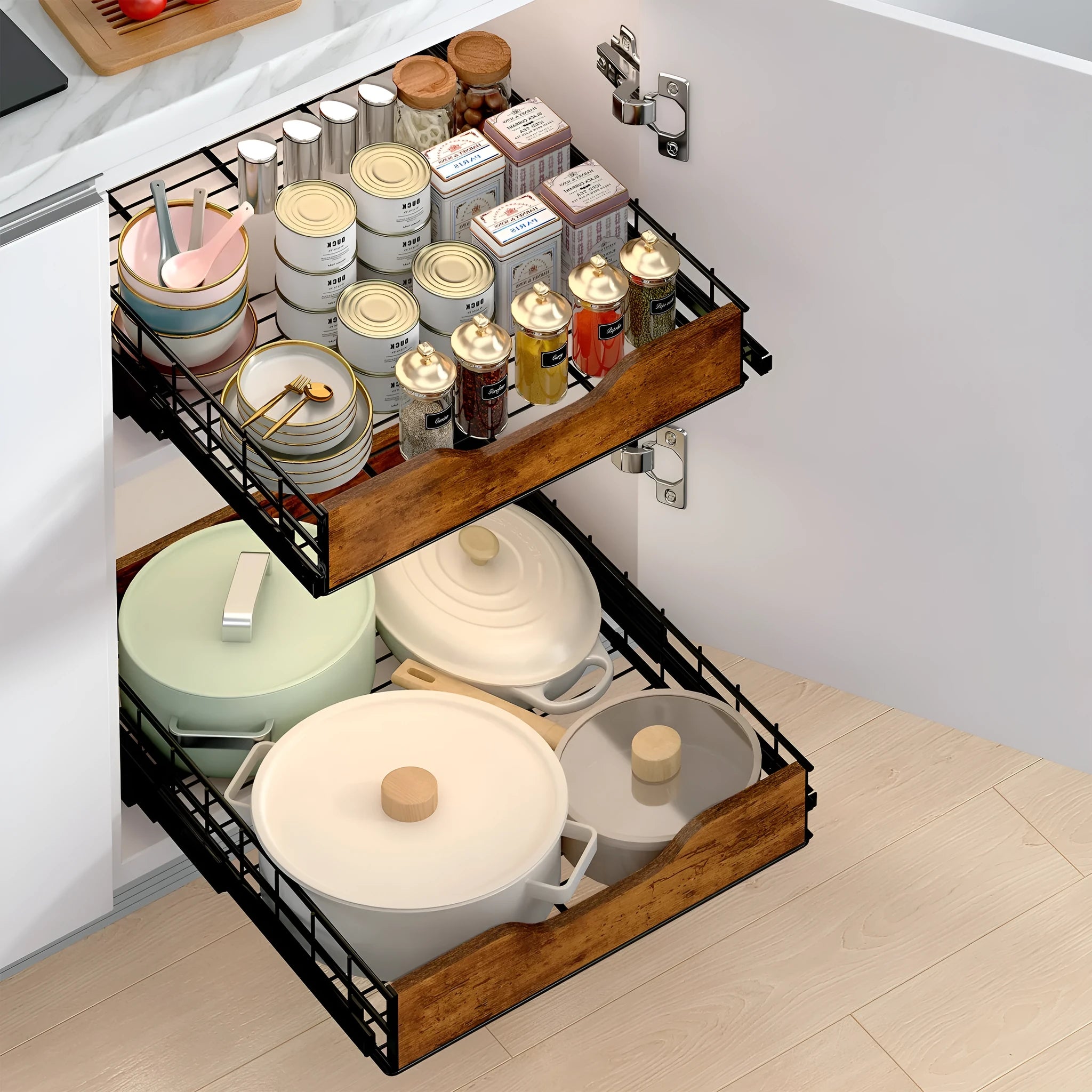 Black wooden storage rack with a metal pull-out basket drawer for kitchen or pantry organisation.