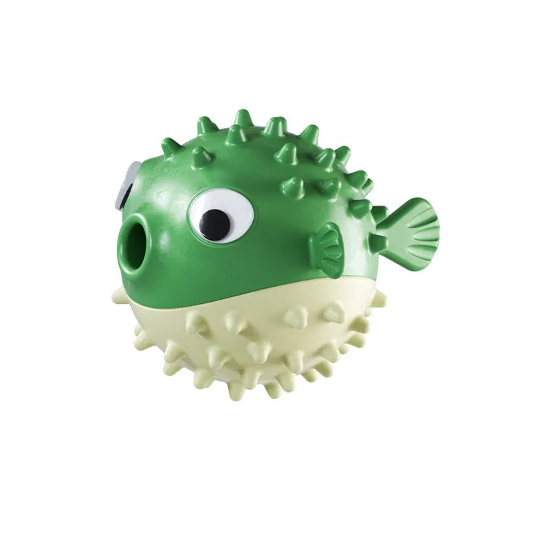 Green fish-shaped interactive dog toy with textured surface for medium and large dogs