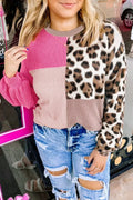 Women's round-neck ribbed colour-block leopard print long-sleeve top in rose red, front view