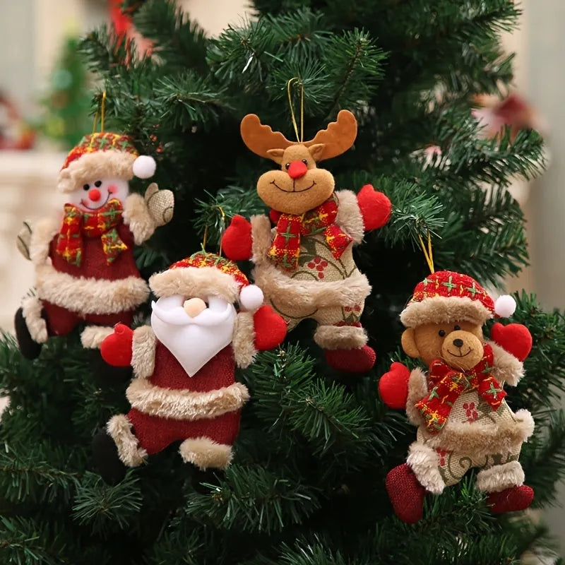 Set of 4 festive Christmas tree ornaments Santa snowman reindeer bear figures with red white scarves gold balls red bows