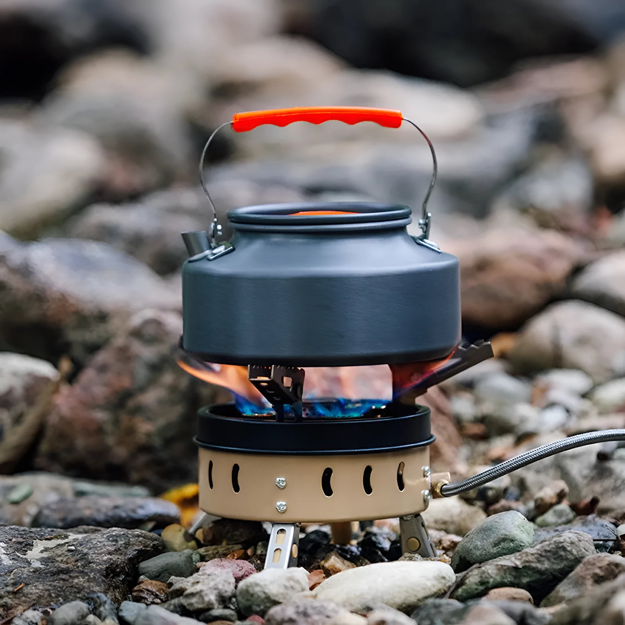Portable windproof gas stove set with butane fuel burner 11000W for outdoor camping cookout, dark khaki colour