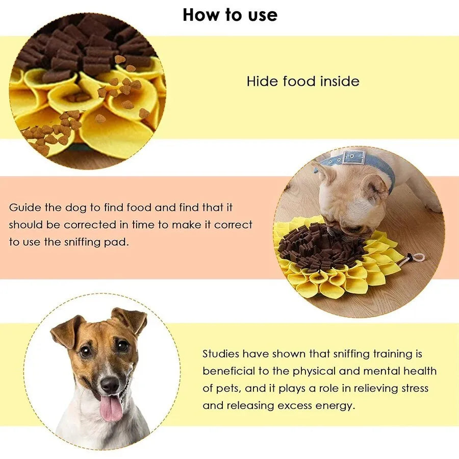 Yellow sunflower-shaped dog snuffle mat with rope and buckle for hanging or fixing