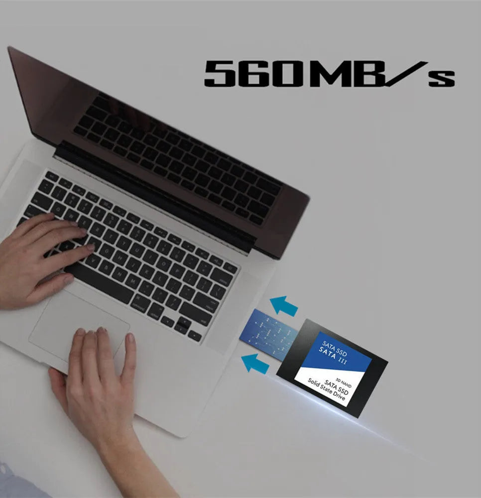 Blue notebook computer solid state drive with 520MB/s read speed in 1TB capacity