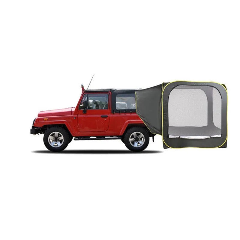 Black pop-up car tail tent with steel frame and waterproof Oxford cloth unfolded to 200cm cubic dimensions