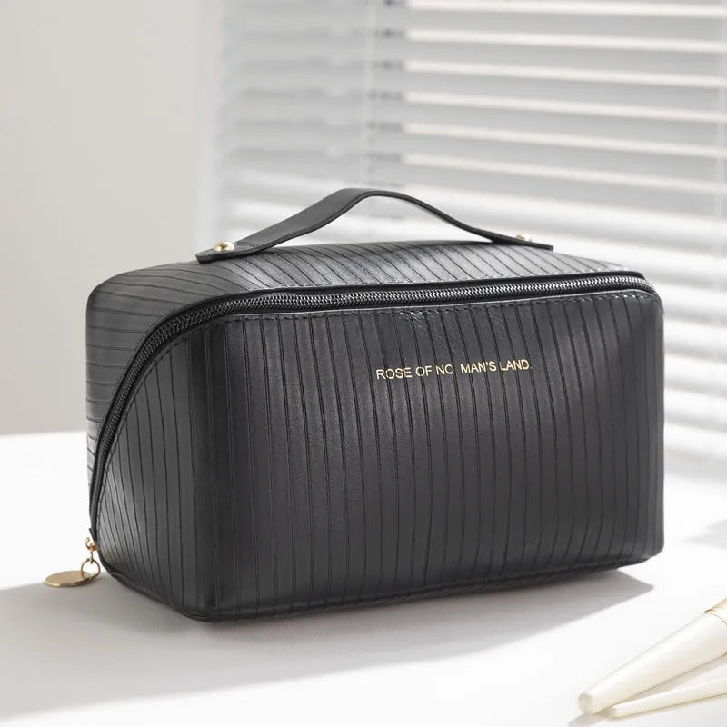 Vertical pattern cubic makeup bag in soft PU leather with 22.5cm by 12.5cm dimensions