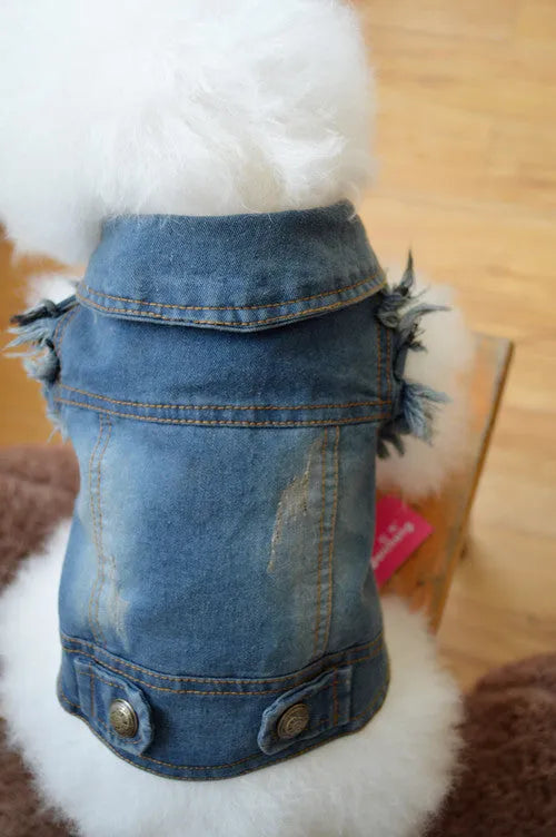 Denim dog vest with retro scratch pattern in blue wash for small to medium breeds