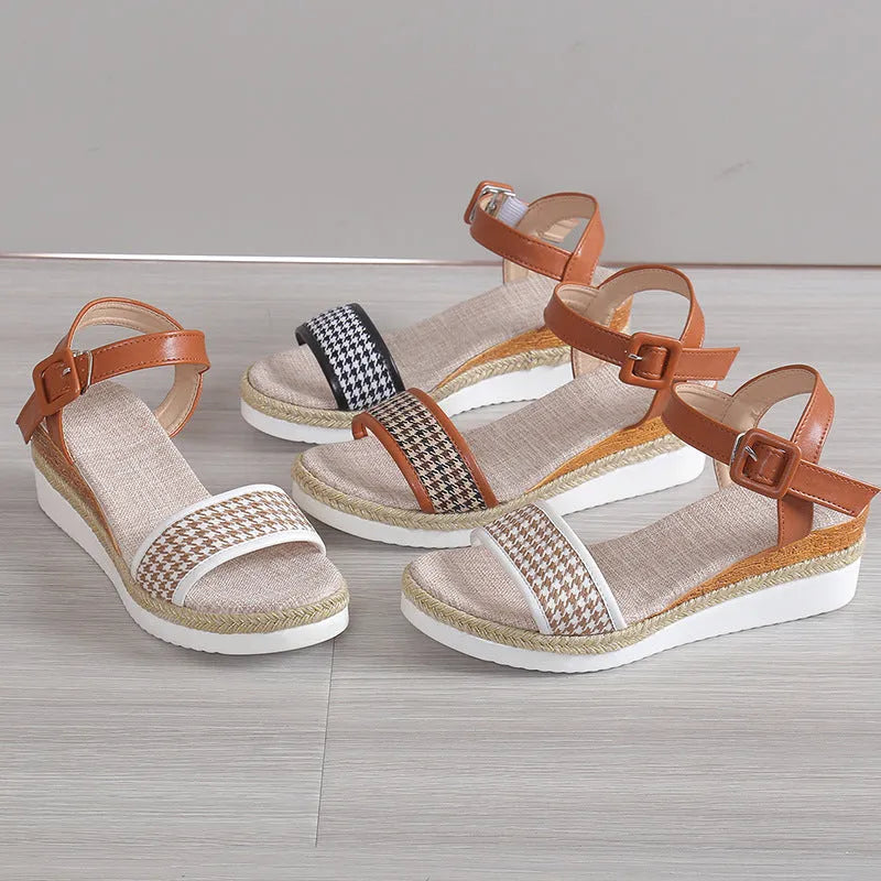 Women's houndstooth print buckle sandal with fish mouth toe in white, PVC upper
