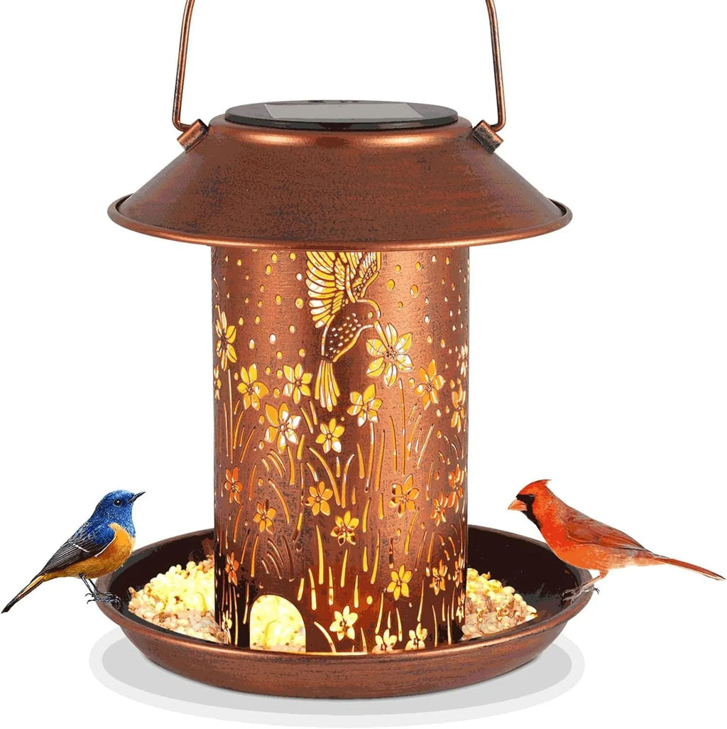 Solar-powered iron art hummingbird pattern feeder lamp for outdoor garden bird attraction and lighting
