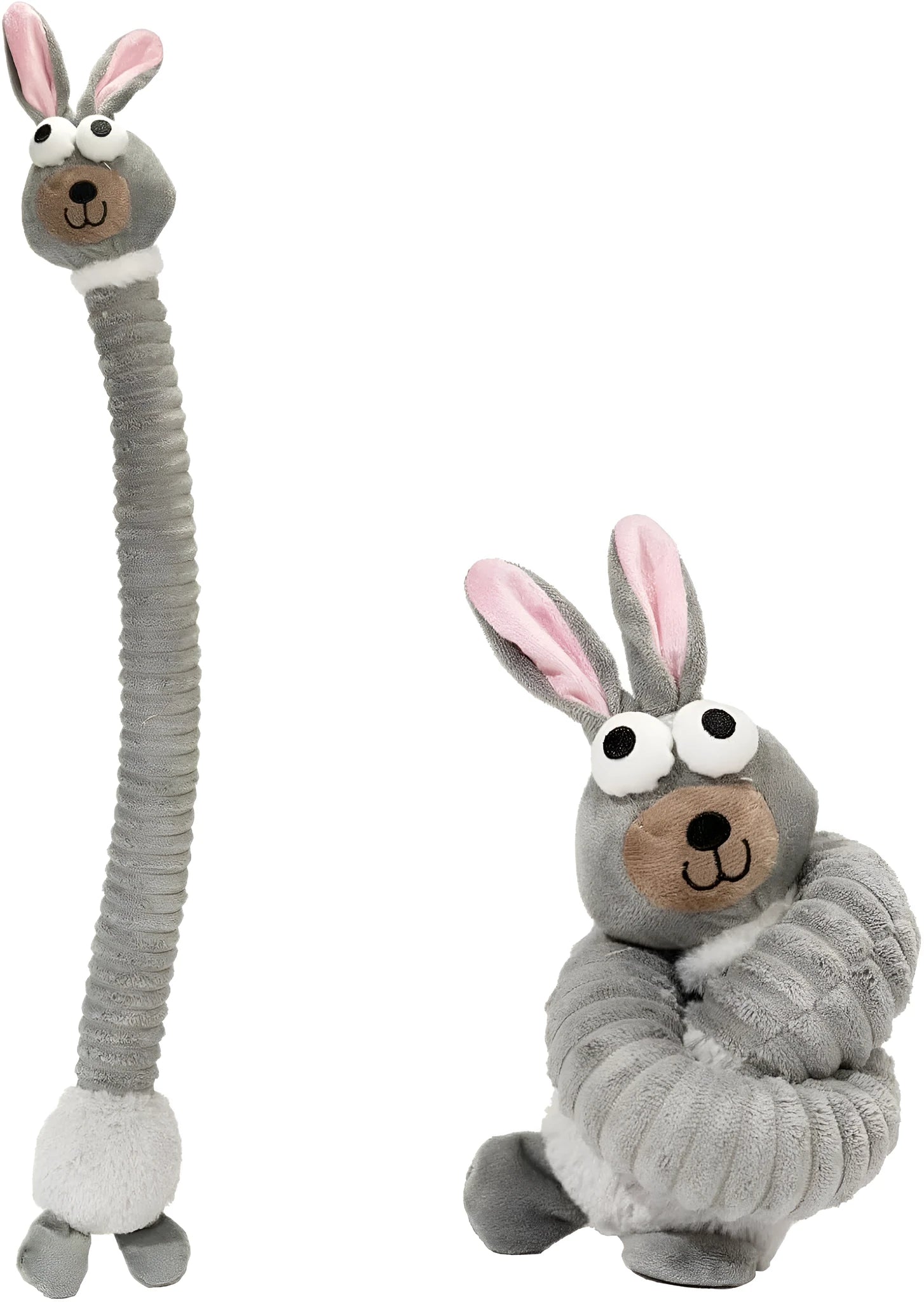 Brown, grey, and yellow plush dog toys with a foldable design and crinkle sound features.