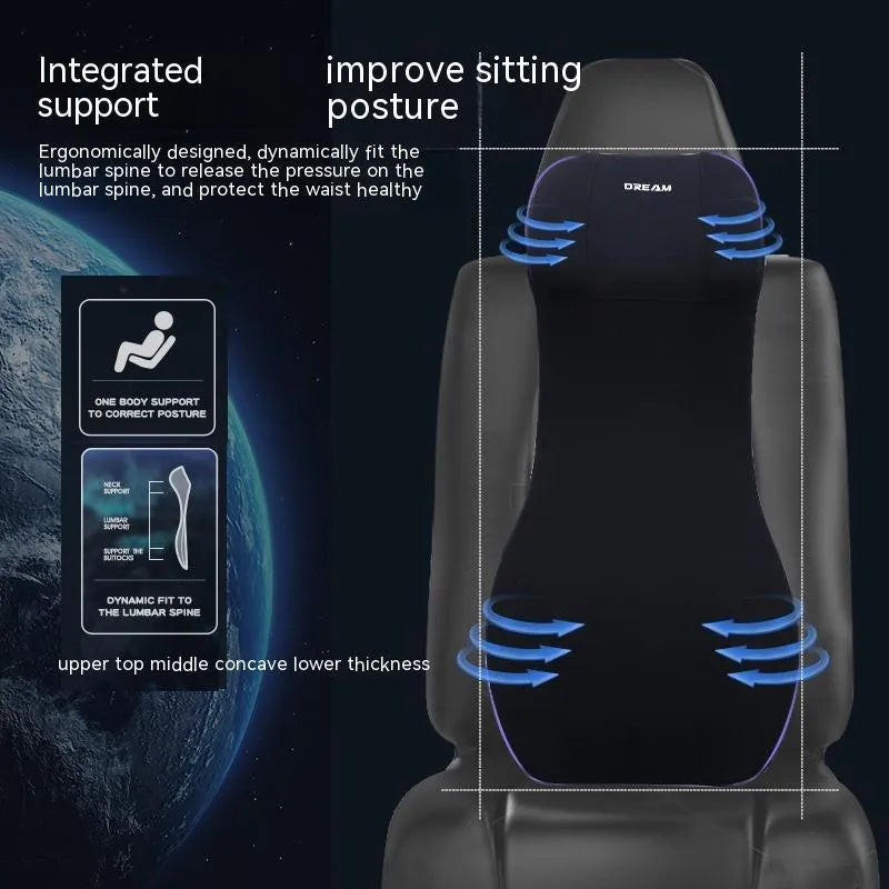 Black integrated memory foam car cushion and lumbar support pillow on a car seat.