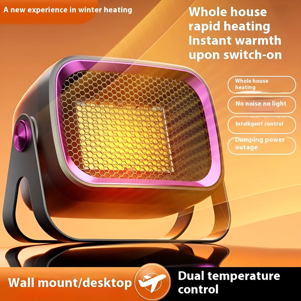 Grey PTC ceramic desktop heater with rotatable base on wooden desk