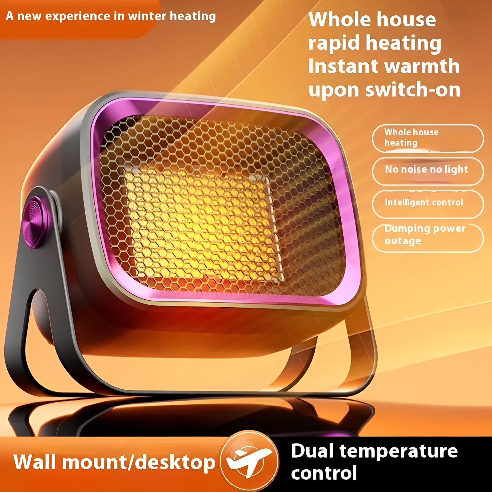 Grey PTC ceramic desktop heater with rotatable base on wooden desk