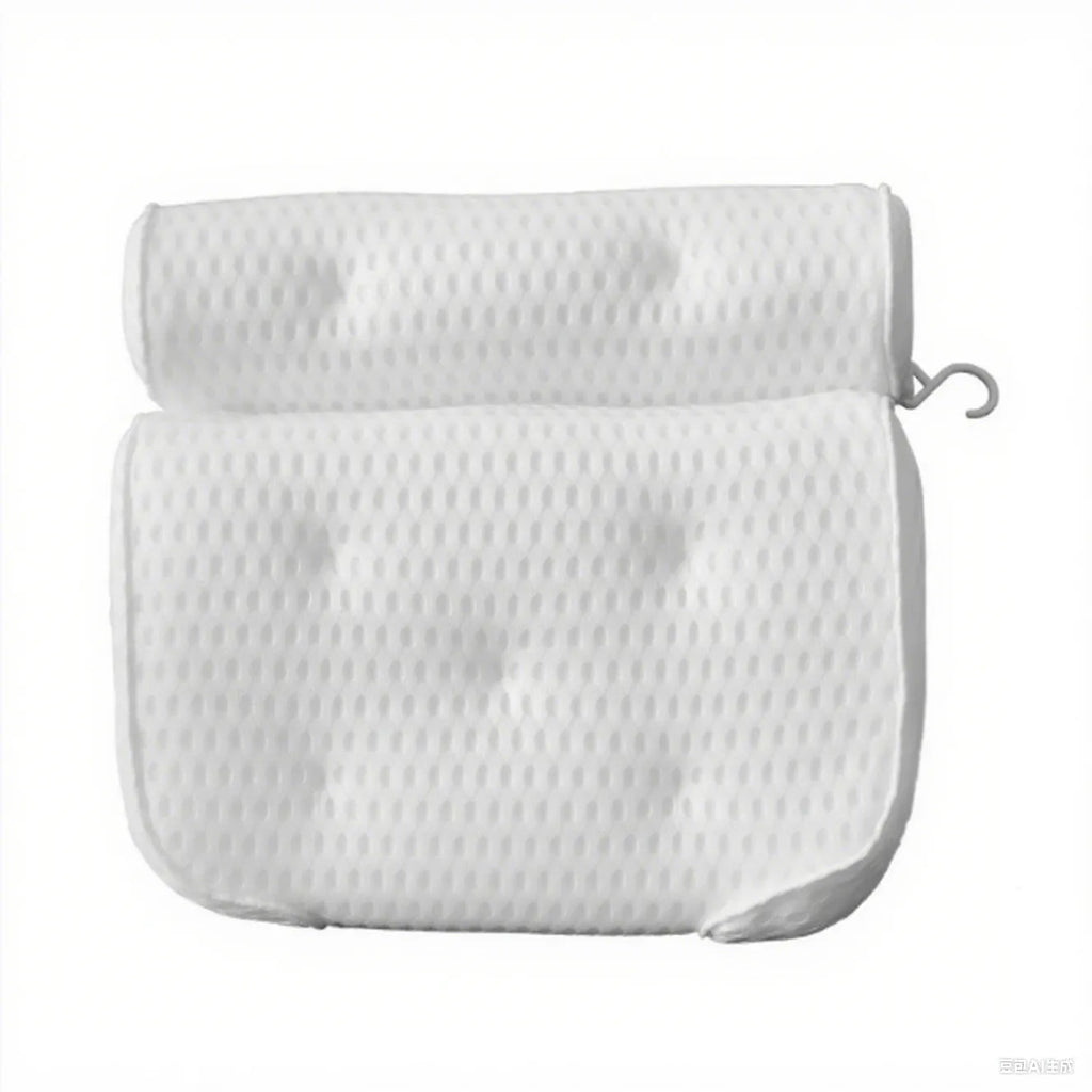 White bathtub pillow with 4D mesh fabric and multiple suction cups on a tub.