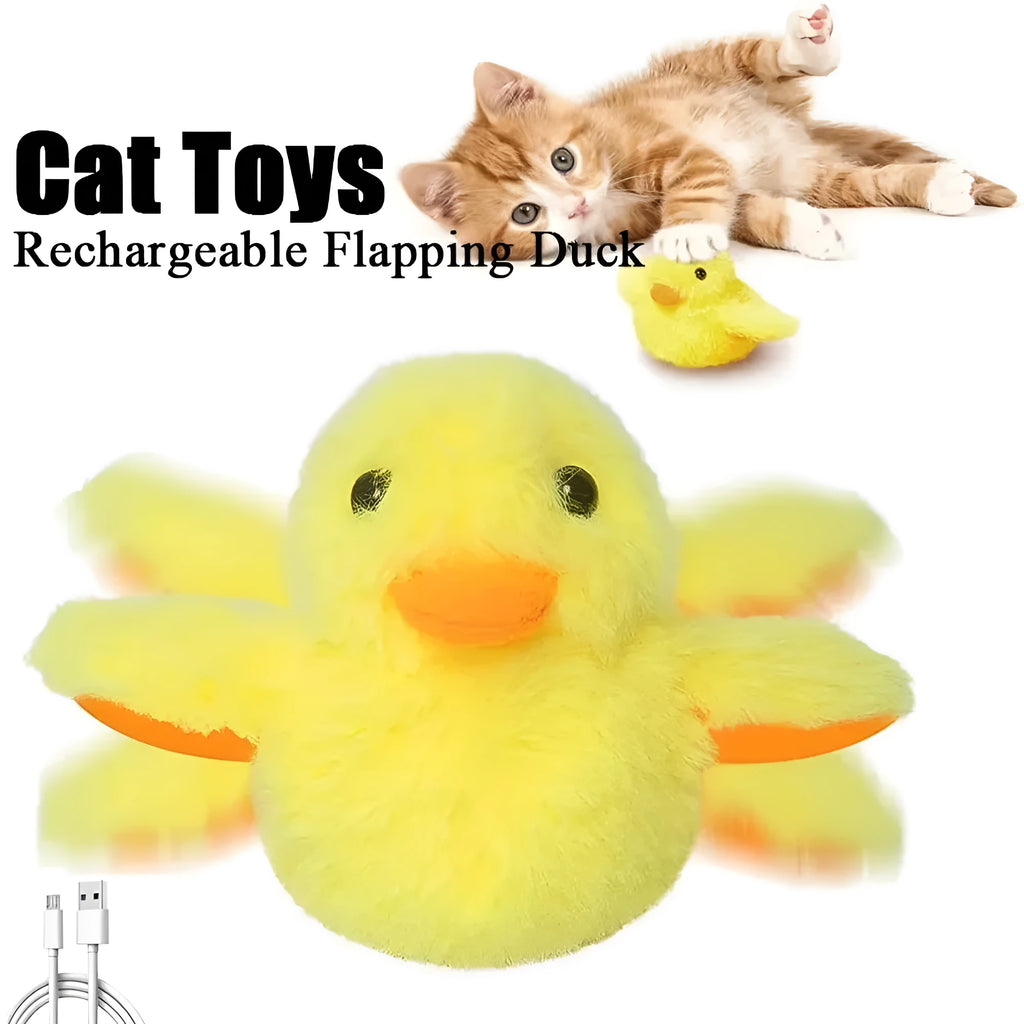 Yellow polyester plush duck cat toy with electric flapping wings on green background