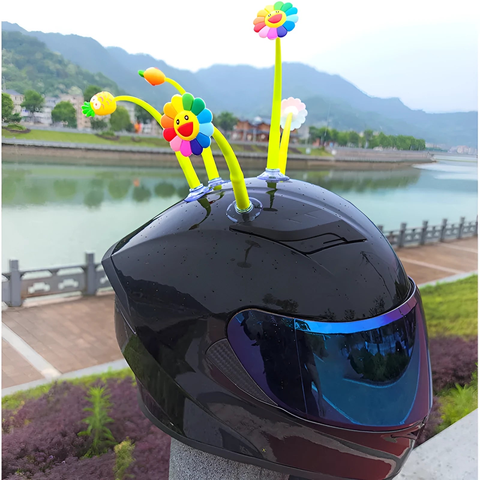 Yellow silicone sunflower helmet decoration with suction cup for motorcycle and bicycle customisation