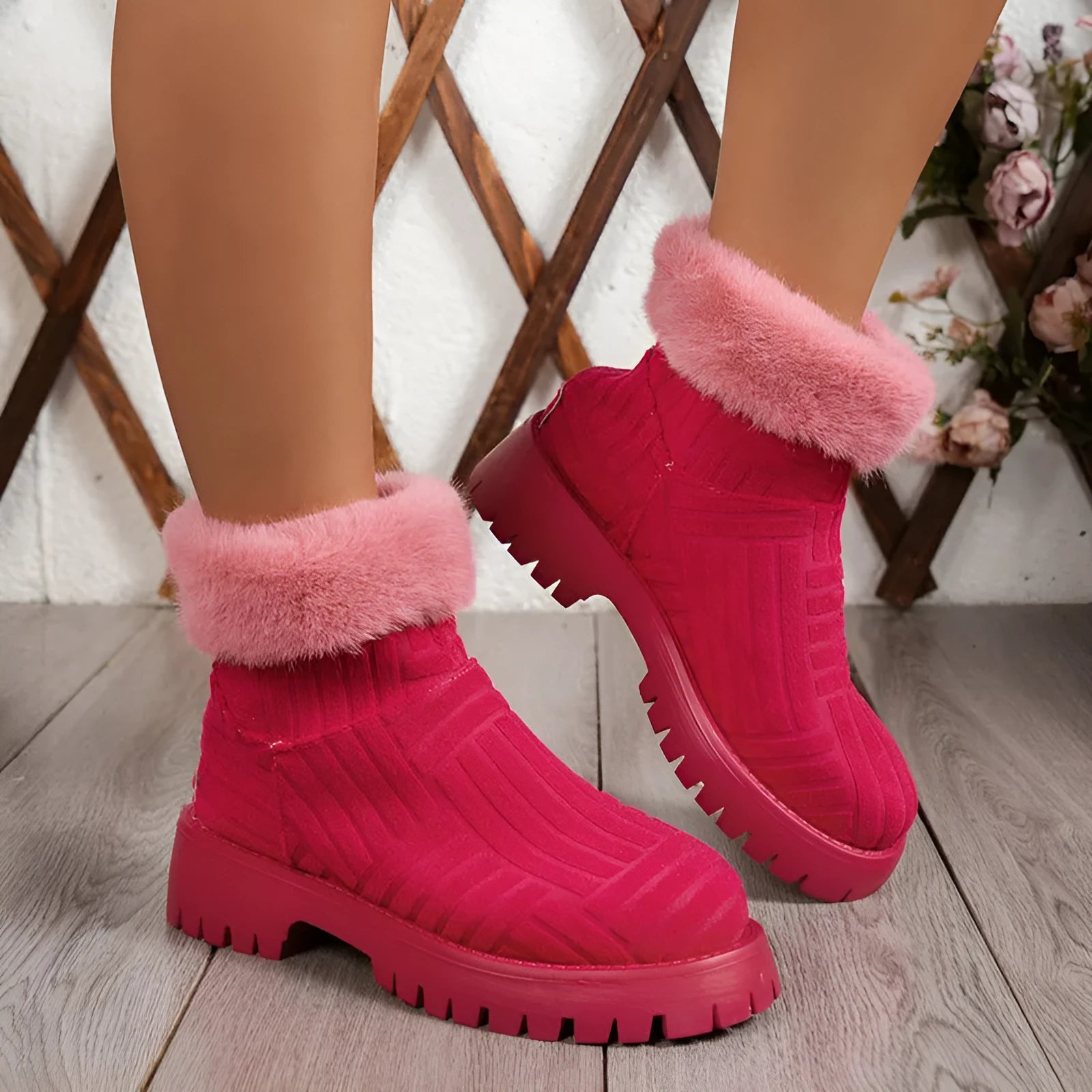Women's winter ankle boots, thickened snow boots with plush cotton lining, round toe, green colour, side view