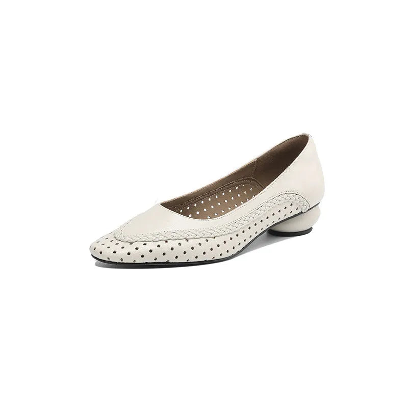 Women's shallow mouth hollow-out round toe mid heel sandals in beige goat skin with beef tendon sole