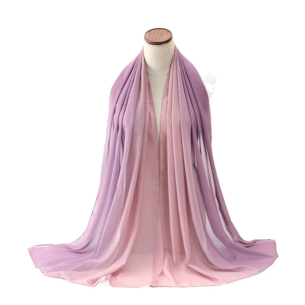 Long floral print chiffon scarf for women draped to show 175cm length and lightweight fabric