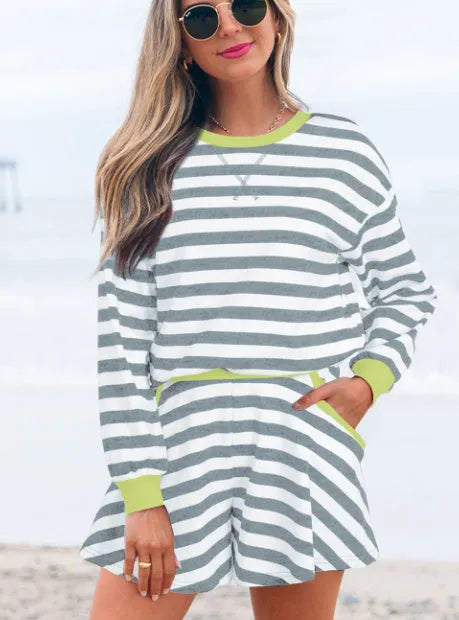 Black stripe cotton jersey pyjama set with long sleeve blouse and ribbed banding shorts