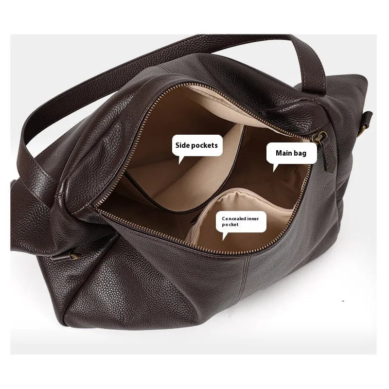Brown genuine leather women's shoulder bag with horizontal square shape and zippered compartment