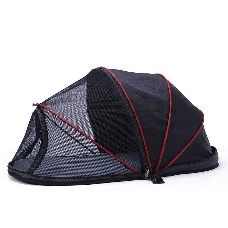 Black half mesh cat folding tent in collapsed position showing cloth and mesh sections