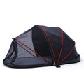Black half mesh cat folding tent in collapsed position showing cloth and mesh sections