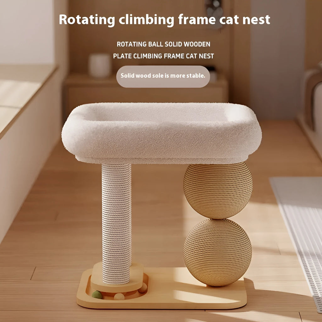 Pine wood cat nest with dual grasping balls in simple style